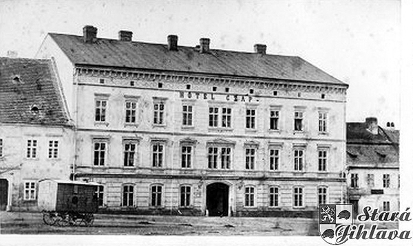 Black and white photograph of the street facade of the Czap Hotel Iglau (Jihlava), c. 1900