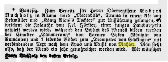 Facsimile of the announcement of the performance of Der Trompeter von Sakkingen with the music by Mahler in 1889 (General-Anzeiger fr Hamburg-Altona, 95 (24 April 1889), 23)