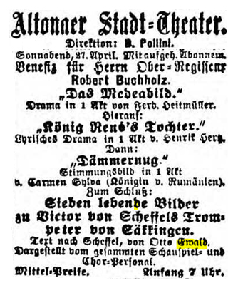 Facsimile of the announcement of the performance of Der Trompeter von Sakkingen with the music by Mahler in 1889 (General-Anzeiger fr Hamburg-Altona, 26 & 27 April 1889, 8)