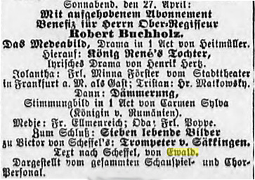 Facsimile of the announcement of the performance of Der Trompeter von Sakkingen with the music by Mahler in 1889 (Hamburger Nachtrichten, 21 April 1889 (Morgen-Ausgabe), 20)