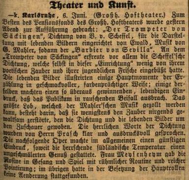 Colour facsimile of the review of the Karlsruhe perfomance of Der Trompeter von Sakkingen with music by Mahler, on 5 June 1885 (Karlsruher Zeitung, 7 June 1885, p. 3)