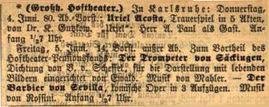 Colour facsimile of the listing for the Karlsruhe perfomance of Der Trompeter von Sakkingen with music by Mahler, on 5 June 1885 (Karlsruher Zeitung, 4 June 1885, p. 3)