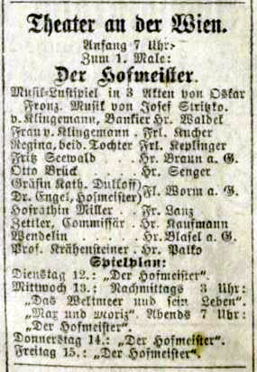 b&w scan of the advertisement for the first night of Stritko's operetta, Der Hofmeister, on 11 March, 1901.