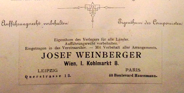A colour image of the Weinberger paste-over on the title page of a copy of the second issue of the full score of Mahler's Second Symphony