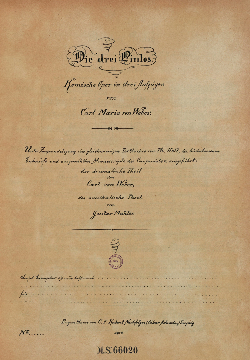 Colour facsimile of the title page of the first edition of the full score of Die drei Pintos