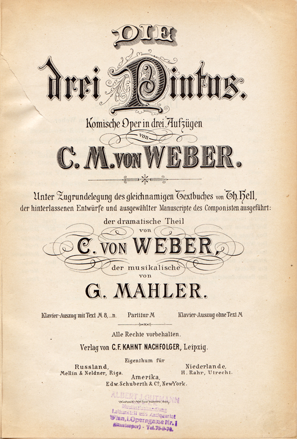 Colour facsimile of the title page of the first edition of the vocal score of Die drei Pintos