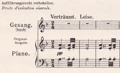 colour facsimile of the opening of Wo die Trompeten blasen in the second edition, second impression of the high-voice piano-vocal score