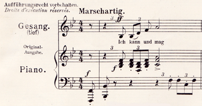 Colour facsimile of the start of the first system on p. 3 of the third edition of the low-voice piano-vocal score