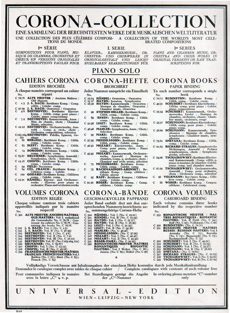 Black and white facsimile of a tri-lingual advert listing the contents of the three volumes