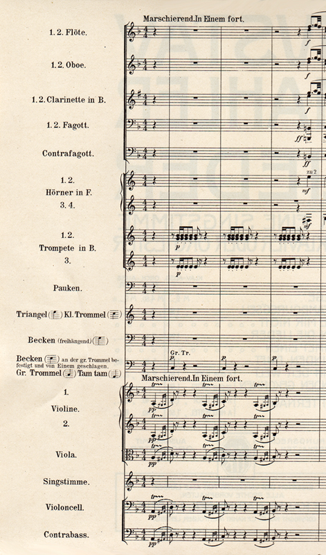 Colour facsimile of the first three bars of the first edition of the full score (high voice) of Revelge 