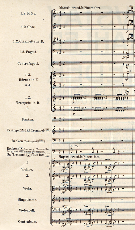 Colour facsimile of the first three bars of the first edition of the full score (high voice) of Revelge 