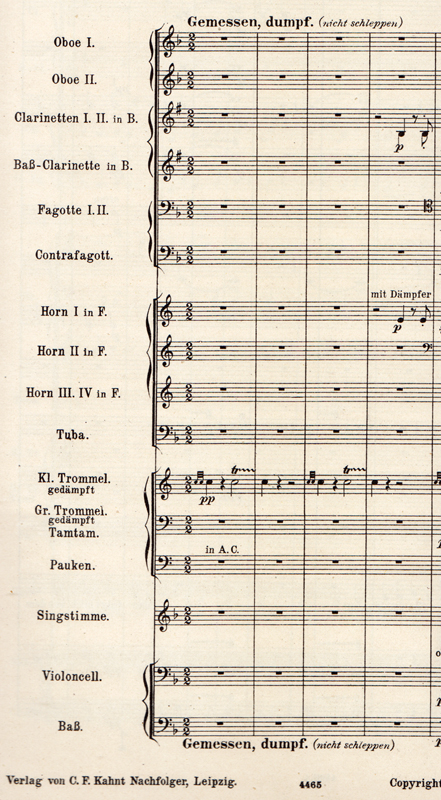 Colour facsimile of the first three bars of the first edition of the full score (medium voice) of Der Tamboursg'sell