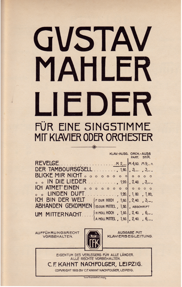 Facsimile of title page A1 (Klavierausgabe) of the Lieder published by Kahnt