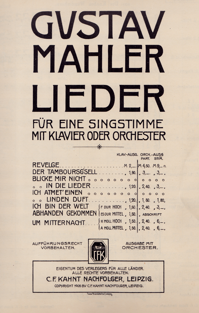 Facsimile of title page A1 (Orchesterausgabe) of the Lieder published by Kahnt