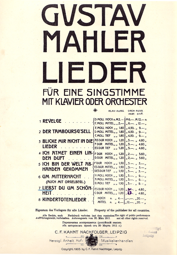 Colour facsimile of title page G, with '5' printed in purple ink over the price of the orchestral scores of Liebst du um Schnheit