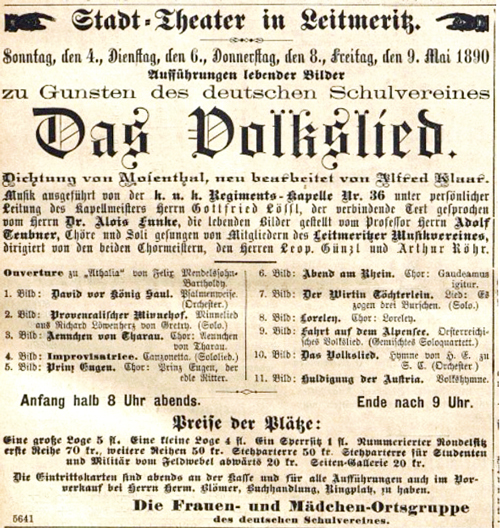 Colour facsimile of the advertisement for the performances in Leitmeritz in May 1890 