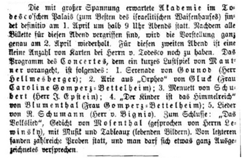 B&W facsimile of the brief report of the first performance of Mosenthal's Das Volkslied in 1868, from Neue freie Presse (Morgenblatt), 1288 (31 March 1868), page 7