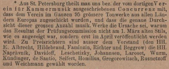Facsimile of the announcement that the result of the competition would not be announced until April 1878 (Musikalisches Wochenblatt, IX/13 (22 March 1878), 164)