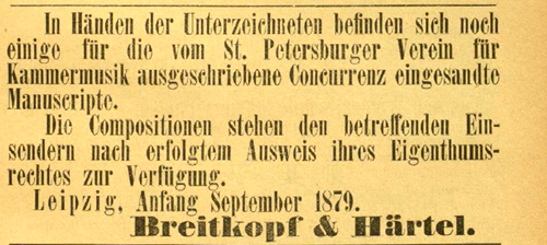 Coulour facsimile of the notice placed in the Signale fr die musikalische Welt by Breitkopf & Hrtel.