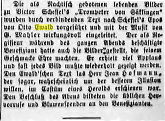 Facsimile of extracts from a review of the performance of Der Trompeter von Sakkingen with the music by Mahler in 1889 (Hamburger Nachtrichten, 29 April 1889 (Abend-Ausgabe), 1)