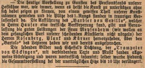 Colour facsimile of the report of the Karlsruhe perfomance of Der Trompeter von Sakkingen with music by Mahler, on 5 June 1885 (Badischer Beobachter, 7 June 1885, p. 3)