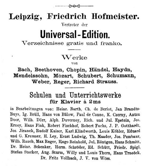Black & white facsimile of an advert for Hofmeister as the German Agent for Universal-Edition. 