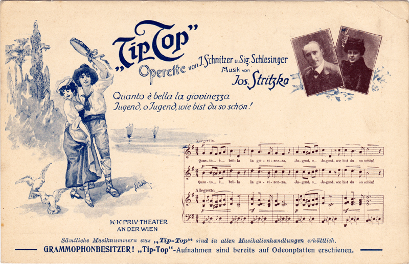 Colour image of a postcard advertising Tip-Top;Includes two photographs (unidentified), an illustration, and the opening of the vocal score of the number Quanto  bella la gioviezza 