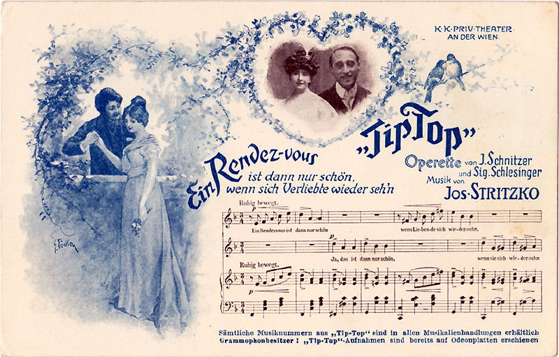 Two-colour postcard advertising Stritzko's Tip-Top (c. 1907); Includes a photograph (unidentified man and woman), images and the opening of tghe vocal score of the number Ein Rendez-vous...