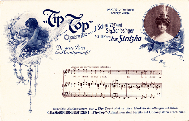 Two-colour postcard advertising Stritzko's Tip-Top (c. 1907); Includes a photograph (probably of Mizzi Wirth), images and the vocal score of an extract from Dolly's Traumlied
