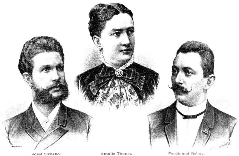 facsimile of a b&w lithograph showing head and shoulder portraits of Josef Stritzko, Amalie Thonet and Ferdinand Rebay.