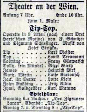 b&w facsimile of a newspaper advert for the fisrt night of Stritzko's operetta Tip-Top, on 5 October 1907.