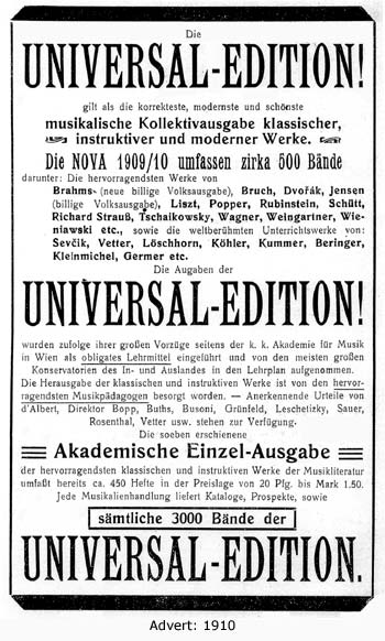 b&w scan of an advert for Universal-Edition (1910) which emphasises that the 1909/10 publishing includes about 500 new volumes, and that the whole catalogue contains about 3,000.