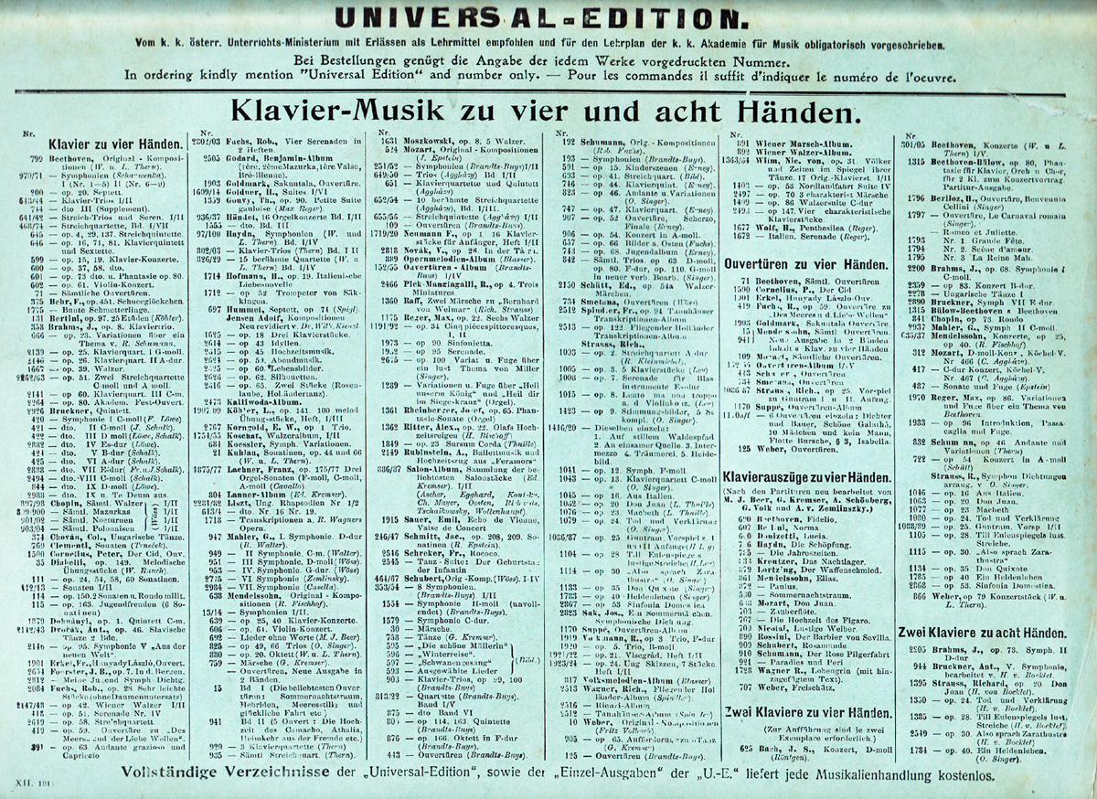 colour facsimile of the rear wrapper of the first edition, fourth issue of the piano duet arrangement of Mahler's First Symphony