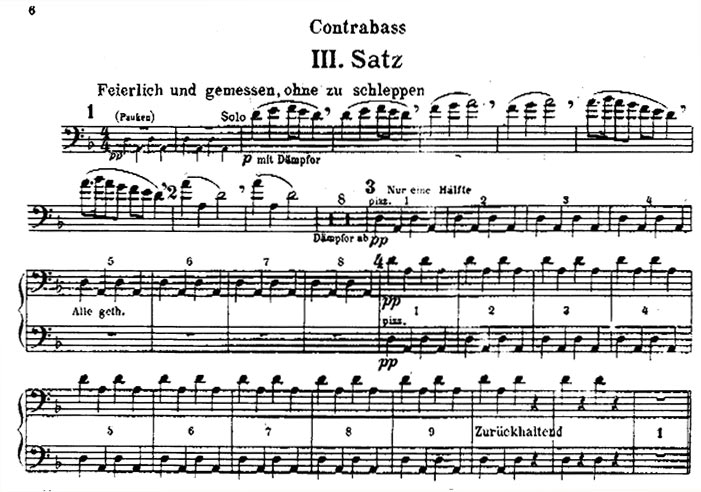 facsimile of the opening of the double bass part for the third movement in the second edition of the orchestral parts