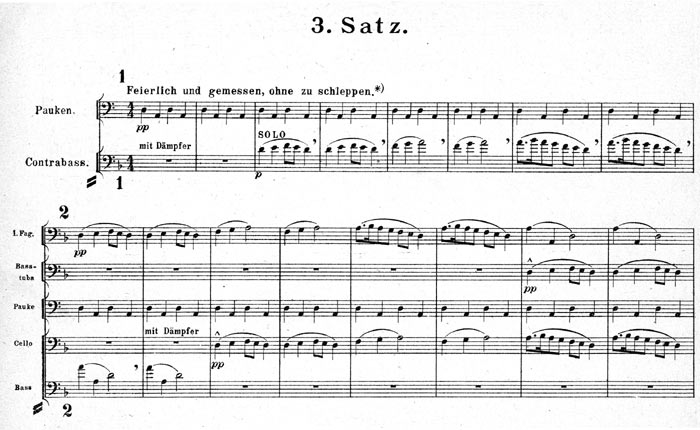 facsimile of the opening two systems at the begining of the third movement in the second edition of the full score of Mahler's First Symphony