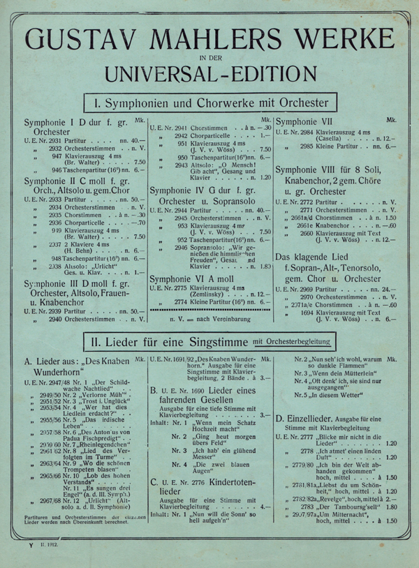 Colour facsimile of the back wrapper of the fourth edition of the vocal score of Urlicht