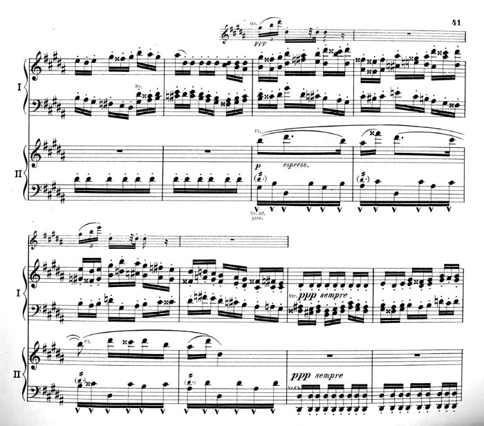 facsimile of page 41 of Hermann Behn's arrangement of Mahler's Second Symphony for two pianos, four hands