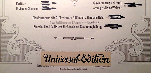 A colour facsimile of the Universal Edition paste-over on the title page of a copy of the third isssue of the full score of Mahler's Second Symphony