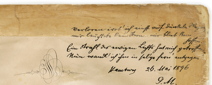 Colour facsimile of the top right-hand corner of the title page of APV1, showing Mahler's presentation poem, signed and dated