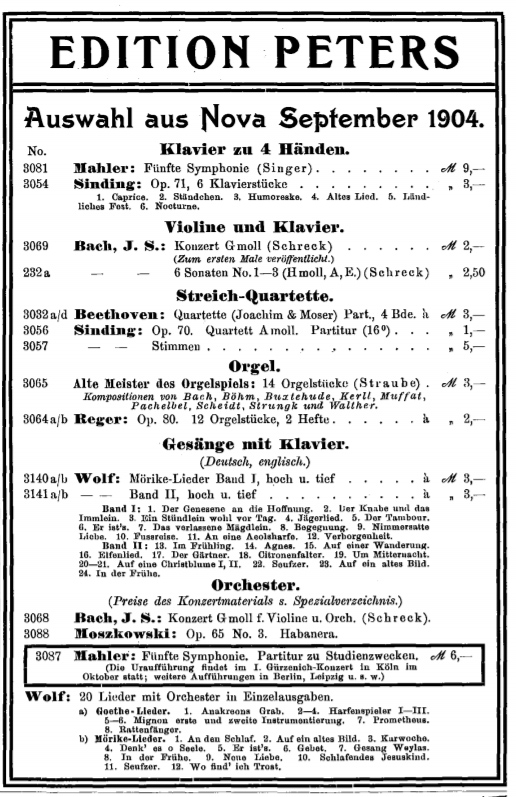 b&w facsimile of the Peters Edition advert including the piano duet arrangement and the full score of Mahler's Fifth Symphony