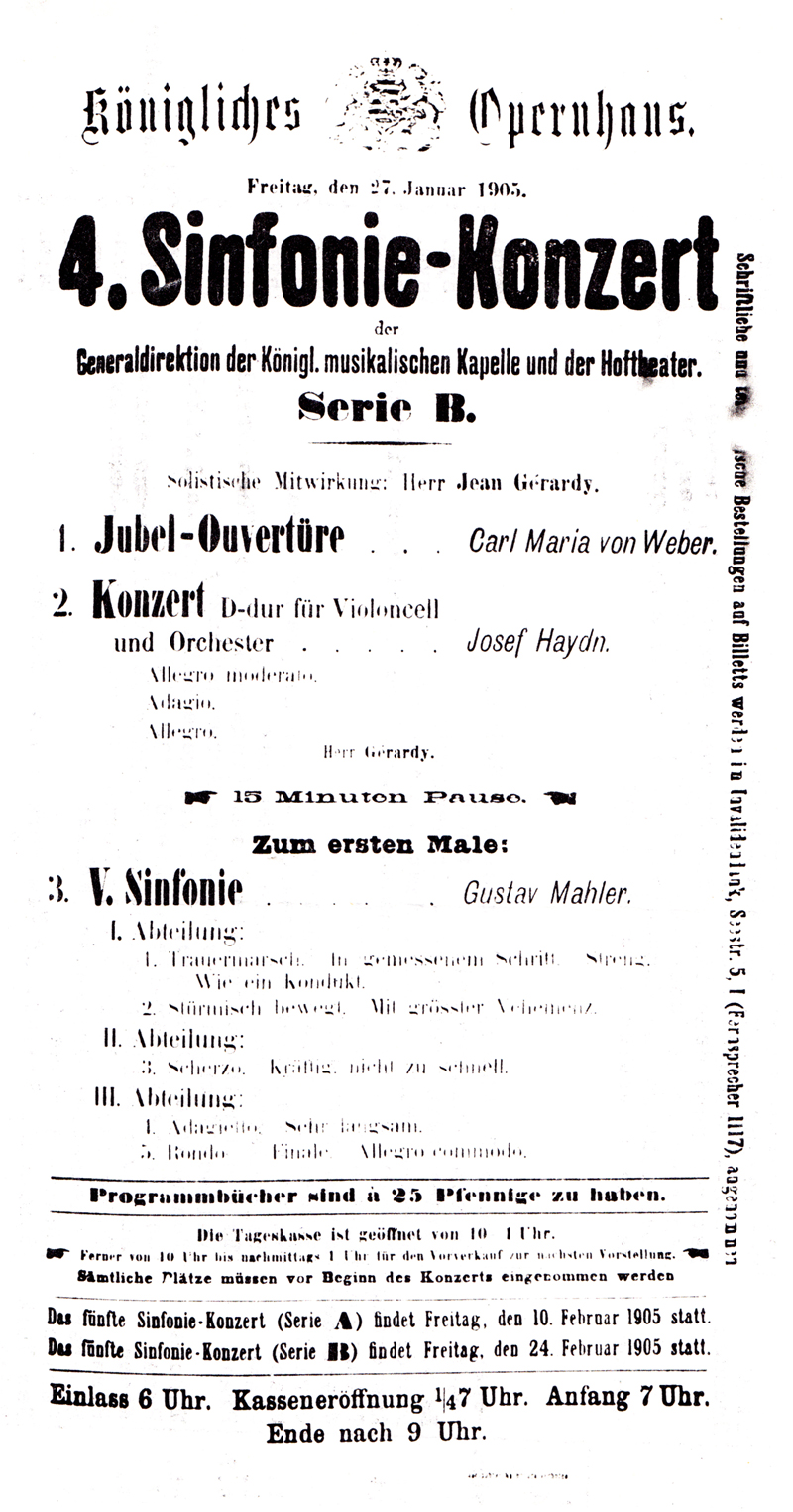 b&w facsimile of a handbill for the second performance of Mahler's Fifth Symphony