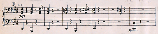 Colour facsimile of bb. 133-7; 139 in the primo part of the first edition of the piano duet arrangement of Mahler's Fifth Symphony